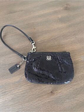 Coach Black Sequin Wristlet Clutch with Logo Hardware